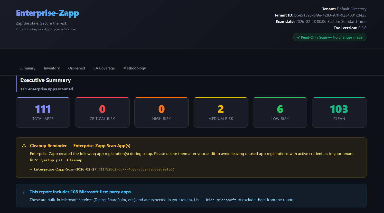 Enterprise-Zapp executive summary dashboard showing risk score breakdown across scanned apps